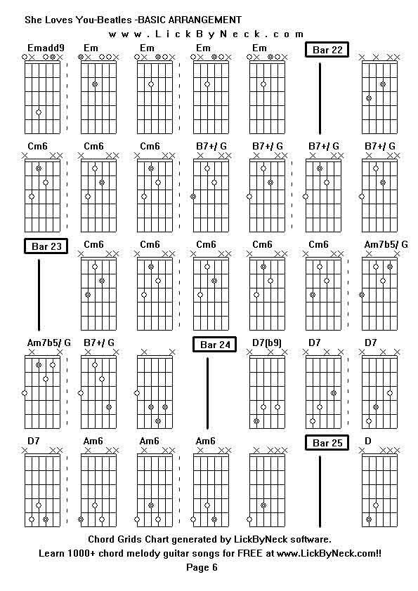 Chord Grids Chart of chord melody fingerstyle guitar song-She Loves You-Beatles -BASIC ARRANGEMENT,generated by LickByNeck software.